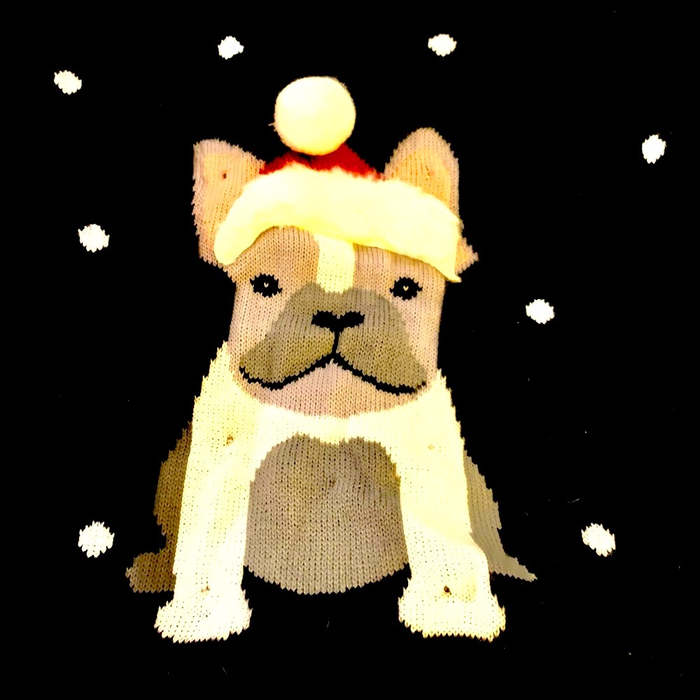 Holiday Black Sweater w/ Bulldog, Santa Hat Light Up Battery Operated. Sz L.